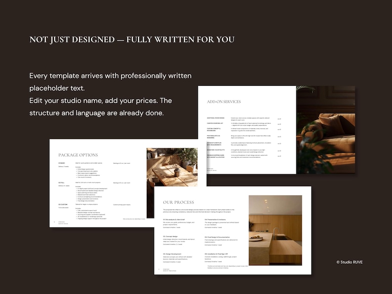 May include: Image of a dark brown background with text and images of documents. The text reads "NOT JUST DESIGNED - FULLY WRITTEN FOR YOU." The documents include "PACKAGE OPTIONS," "ADD-ON SERVICES," and "OUR PROCESS."