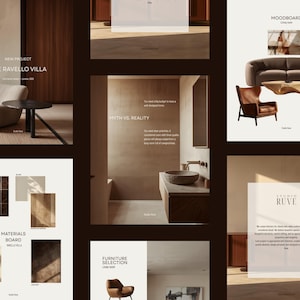 Op de afbeelding: Een digitale collage met interieurontwerpelementen, waaronder een beige loungestoel, een bruine bank, een leren fauteuil, een stenen wastafel en een materialenbord met diverse hout- en steentexturen, gepresenteerd onder de merknaam Studio Ruve.