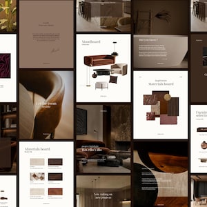 Op de afbeelding: Een digitale collage van presentatiedia's voor interieurontwerp met moodboards, meubelselecties en materiaalmonsters in tinten bruin, beige en crème. De lay-outs bevatten tekstkoppen zoals Moodboard, Materials board en Furniture selection.
