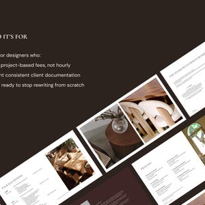 May include: A dark brown background with white text that reads "WHO IT'S FOR". The text below states "Built for designers who: - bill project-based fees, not hourly - want consistent client documentation - are ready to stop rewriting from scratch."