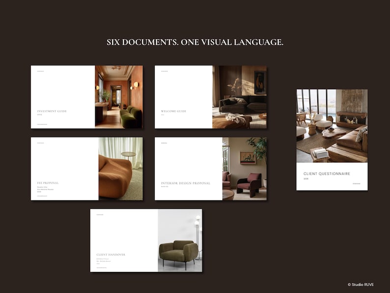 May include: A dark brown background with six white documents featuring interior design images. The text at the top reads "SIX DOCUMENTS. ONE VISUAL LANGUAGE.". The documents include an investment guide, welcome guide, and client questionnaire.