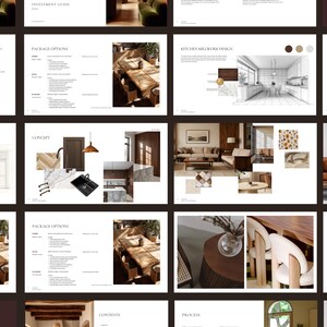 May include: A collection of interior design concept boards and layouts, showcasing various room designs. The boards feature furniture, color palettes, and architectural renderings, with text overlays including "Package Options" and "Kitchen Millwork Design."