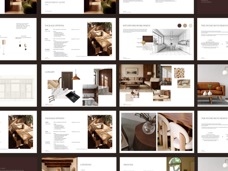 May include: A collection of interior design concept boards and layouts, showcasing various room designs. The boards feature furniture, color palettes, and architectural renderings, with text overlays including "Package Options" and "Kitchen Millwork Design."