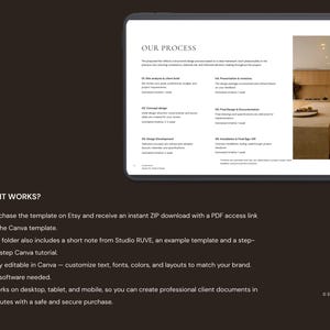 May include: A digital tablet displays a document titled "OUR PROCESS" with a list of steps. Below, text explains how to purchase and use the template on Etsy, including Canva customization options. The background is a dark brown.