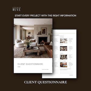 Könnte beinhalten: Ein digitales Kundenfragebogen-Dokument mit einem Deckblatt, das ein Foto eines Wohnzimmers sowie den Text "STUDIO RUVE," "START EVERY PROJECT WITH THE RIGHT INFORMATION," "CLIENT QUESTIONNAIRE" und "2026" zeigt. Eine Innenseite enthält Checklisten für Designstile.