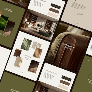 Op de afbeelding: Een digitale moodboard-presentatie met meerdere dia's met olijfgroene en beige achtergronden. De dia's tonen interieurontwerpconcepten, materiaalstalen, meubelfotografie en tekst, waaronder Monthly Inspiration, Materials Board en Let The Room Breathe.