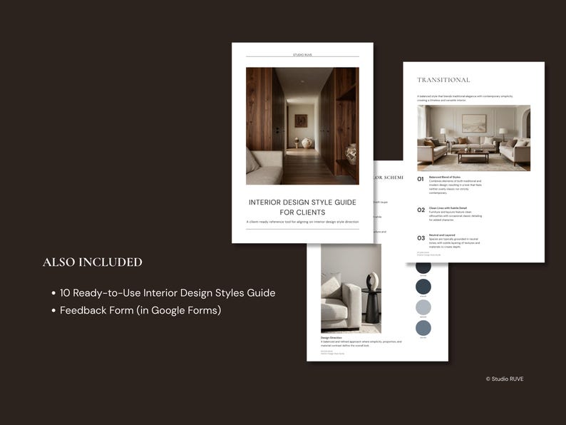 May include: A collection of white paper documents with text and images related to interior design. The documents include the title "INTERIOR DESIGN STYLE GUIDE FOR CLIENTS" and the word "TRANSITIONAL". Additional text reads "ALSO INCLUDED".