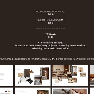May include: A dark brown graphic with text detailing product pricing and savings. The text includes "INDIVIDUAL PRODUCTS TOTAL: 246 &euro;", "COMPLETE CLIENT SYSTEM: 184 &euro;", and "YOU SAVE: 62 &euro;". Additional text describes time saved and a bundle offer.