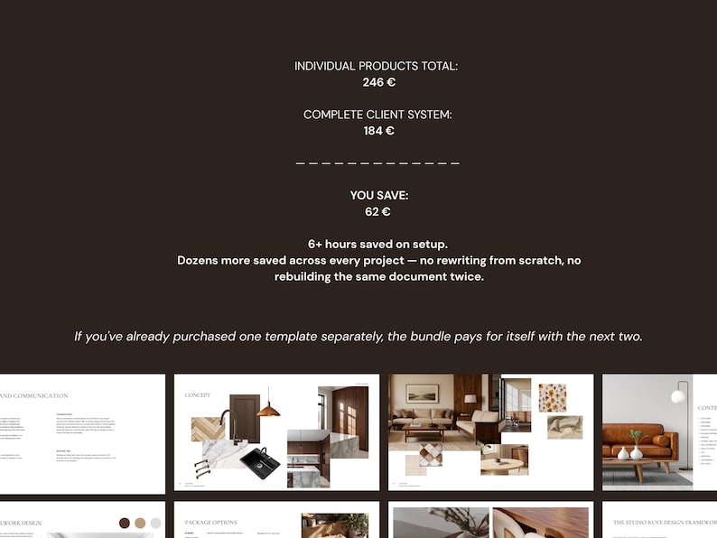 May include: A dark brown graphic with text detailing product pricing and savings. The text includes "INDIVIDUAL PRODUCTS TOTAL: 246 &euro;", "COMPLETE CLIENT SYSTEM: 184 &euro;", and "YOU SAVE: 62 &euro;". Additional text describes time saved and a bundle offer.