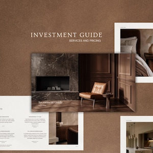 May include: A multi-page investment guide document featuring interior design services and pricing. The pages display text headers including Investment Guide, Services and Pricing, Our Services, and Our Add-ons, alongside photographs of a fireplace, a leather chair, a bedroom, and a kitchen.