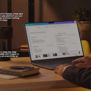 May include: A laptop displaying a Canva interface sits on a wooden desk. The screen shows a document titled "SERVICES OVERVIEW." A pen and a book are on the desk. Text on the screen reads, "Designed for Canva, a free and easy-to-use platform." The image includes a step-by-step visual guide.