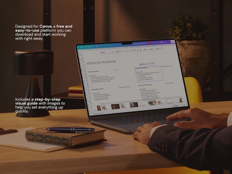 May include: A laptop displaying a Canva interface sits on a wooden desk. The screen shows a document titled "SERVICES OVERVIEW." A pen and a book are on the desk. Text on the screen reads, "Designed for Canva, a free and easy-to-use platform." The image includes a step-by-step visual guide.