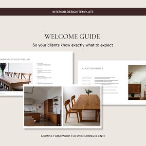 Op de afbeelding: Een interieurontwerpsjabloon met de tekst "WELCOME GUIDE" en "So your clients know exactly what to expect." De afbeelding bevat foto's van interieurontwerpelementen, zoals tafels en stoelen.