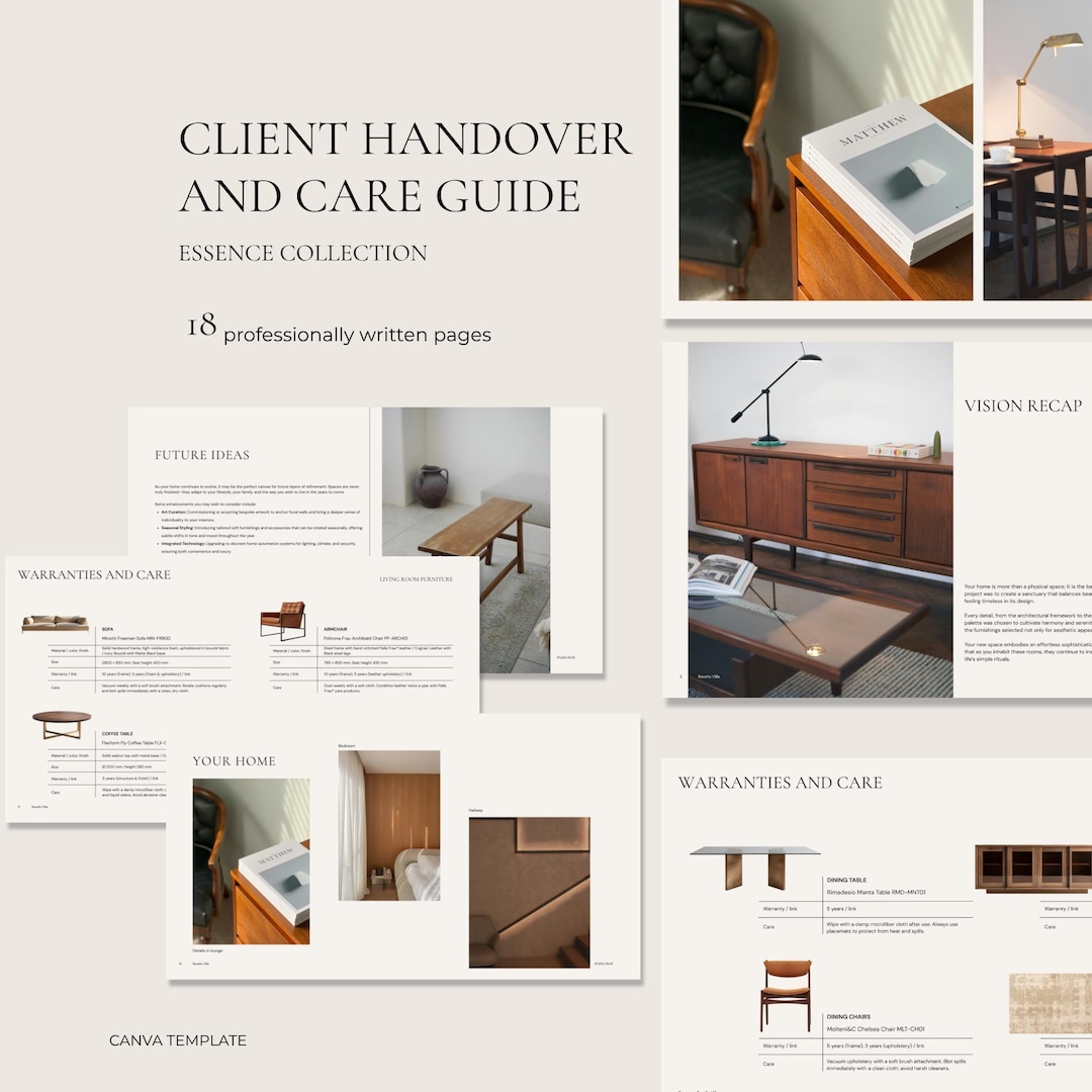 Interior Design Client Handover Template | Canva Editable Care Guide ...