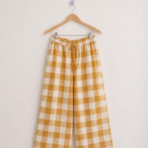 Handspun Handwoven Buffalo Check Plaid Gingham Pants Naturally Dyed  Cotton Comfy Soft Sustainable Yellow White  Summer Spring Lightweight