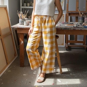 Handspun Handwoven Buffalo Check Plaid Gingham Pants Naturally Dyed  Cotton Comfy Soft Sustainable Yellow White  Summer Spring Lightweight