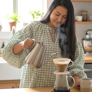 Abito lungo oversize in lino e cotone a quadretti, maniche lunghe e larghe, da donna, con corpo dritto