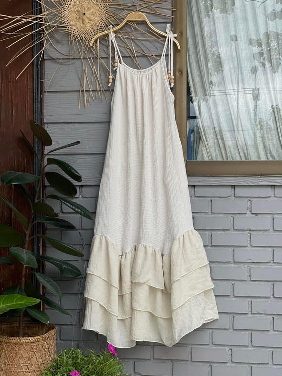 Soft Cotton Double Layer Gauze Muslin Maxi Dress Tiered Ruffle Adjustable Strap Dress Everyday Wear Gift for Her Summer Spring