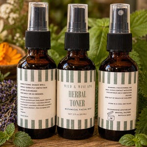 May include: Three brown glass spray bottles of herbal toner with black spray tops and white labels. The labels read "Wild & Wise Apothecary Herbal Toner Botanical Facial Mist". The bottles are surrounded by green leaves and flowers.