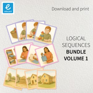 Puede incluir: Conjunto de tarjetas educativas con ilustraciones de niños construyendo con bloques, cosiendo y construyendo una casa. Las tarjetas forman parte de un conjunto "Logical Sequences Bundle Volume 1", diseñado para el aprendizaje y el desarrollo.