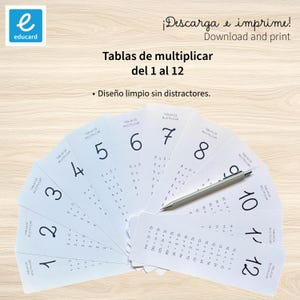 Könnte beinhalten: Weiße Karteikarten mit Multiplikationstabellen von 1 bis 12, mit einem silbernen Stift darauf. Die Karten sind aufgefächert und zeigen die Zahlen 1 bis 12. Der Text auf den Karten lautet "Tablas de multiplicar del 1 al 12" und "Download and print".