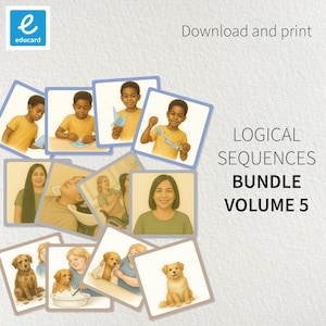 Puede incluir: Un conjunto de tarjetas cuadradas con ilustraciones de secuencias lógicas. Las tarjetas muestran a niños doblando papel, personas en un salón y un perro. También se ve el texto "LOGICAL SEQUENCES BUNDLE VOLUME 5".