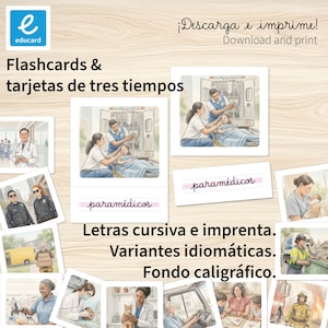 Puede incluir: Tarjetas educativas con ilustraciones de paramédicos, médicos y otros socorristas. Las tarjetas incluyen la palabra "paramédicos" en cursiva y en imprenta. La imagen también incluye el texto "Descarga e imprime".