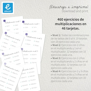Op de afbeelding: Een set vermenigvuldigingskaarten met het "educard" logo. De kaarten zijn wit met groene tekst en bevatten vermenigvuldigingsproblemen. De tekst "Download en print" is zichtbaar, samen met de zin "460 vermenigvuldigingsoefeningen op 46 kaarten."