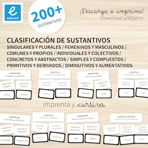 Può includere: Grafico educativo con il testo "200+ SUSTANTIVOS" e "Download and print". Il grafico categorizza i sostantivi in singolare/plurale, femminile/maschile, comune/proprio, ecc. Include esempi come "actriz" e "abuelo".
