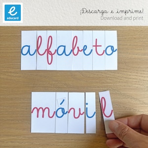 May include: White puzzle pieces with the words "alfabeto" and "móvil" in blue and pink cursive script. The text "¡Descarga e imprime! Download and print" is at the top. The Educard logo is in the upper left corner.