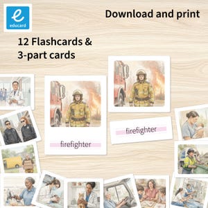Puede incluir: Tarjetas didácticas con diversas profesiones, incluyendo un bombero con equipo amarillo frente a un camión de bomberos y llamas. El conjunto incluye 12 tarjetas y tarjetas de 3 partes, con la palabra "bombero".