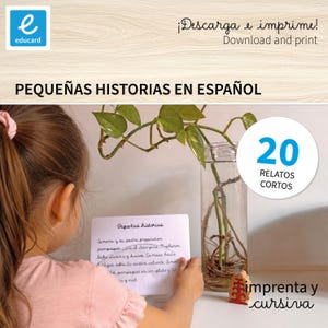 Puede incluir: Una niña sostiene una tarjeta con texto manuscrito frente a un jarrón de vidrio con una planta. La imagen incluye el texto "PEQUEÑAS HISTORIAS EN ESPAÑOL" y "20 RELATOS CORTOS". La imagen también incluye el texto "Download and print".