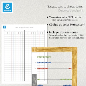 Puede incluir: Un recurso educativo imprimible con un ábaco y una hoja de notación. El ábaco tiene cuentas de colores para la representación de números. El texto incluye "Descarga e imprime" y el tamaño "US Letter" (21,6 x 27,9 cm).