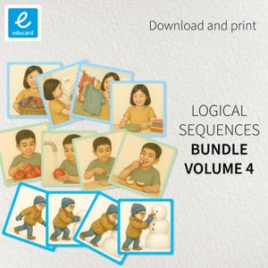 May include: Illustrated cards showing children in various activities, labelled "LOGICAL SEQUENCES BUNDLE VOLUME 4". The cards also include the text "Download and print". The images depict everyday actions, designed for educational purposes.