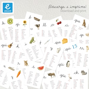 Op de afbeelding: Een verzameling flashcards met illustraties en woorden, ontworpen voor educatieve doeleinden. De kaarten bevatten verschillende afbeeldingen zoals een kiwi, zonnebloem en gitaar, samen met bijbehorende woordenschat. De tekst "Download and print" is zichtbaar.