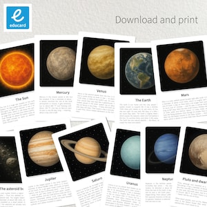 May include: A set of educational flashcards featuring illustrations of the Sun, Mercury, Venus, Earth, Mars, Jupiter, Saturn, Uranus, Neptune, and Pluto. Each card includes the planet's name and descriptive text. The cards are designed for download and print.