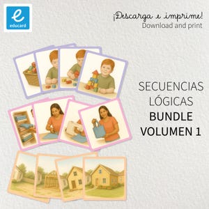 Puede incluir: Un conjunto de tarjetas educativas con ilustraciones de niños construyendo con bloques, cosiendo y construyendo casas. Las tarjetas están etiquetadas como "Secuencias Lógicas Bundle Volumen 1" e incluyen el texto "Descarga e imprime".