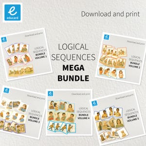 Puede incluir: Se muestran cinco paquetes educativos titulados "Secuencias Lógicas Mega Bundle". Cada paquete contiene tarjetas ilustradas que muestran eventos secuenciales. La imagen incluye el logotipo "educard" y el texto "Descargar e imprimir".