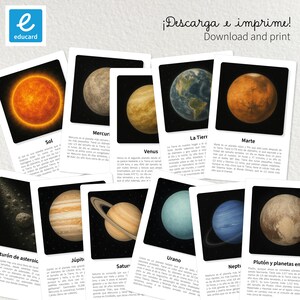 May include: A collection of educational flashcards featuring illustrations of the planets in our solar system, including the Sun, Mercury, Venus, Earth, Mars, Jupiter, Saturn, Uranus, Neptune, and Pluto. The cards have text in Spanish and English.