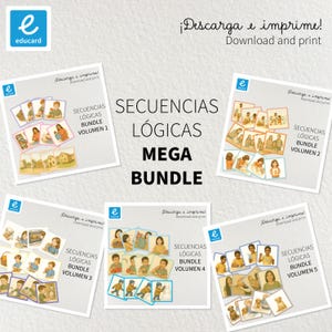 Puede incluir: Un conjunto de materiales educativos con el texto "SECUENCIAS LÓGICAS MEGA BUNDLE" y "Download and print." El conjunto incluye cinco volúmenes de secuencias lógicas con ilustraciones de personas y actividades. El logotipo "educard" es visible.
