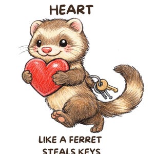 Puede incluir: Ilustración de dibujos animados de un hurón sosteniendo un corazón rojo y llaves. El texto en la parte superior dice "YOU STOLE MY HEART" y el texto en la parte inferior dice "LIKE A FERRET STEALS KEYS". El hurón es marrón y blanco.