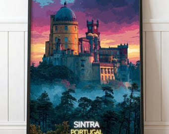 Sintra Portugal Travel Poster - Pena Palace Castle Sunset Mist Forest Vintage Wall Art Print