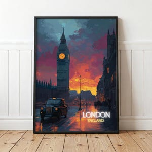 Póster de viaje de Londres, Inglaterra: Big Ben, taxi negro, atardecer, paisaje urbano, impresión artística de pared retro