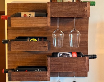 Wall-Mounted Wood Wine & Liquor Rack with Glass Holders – Rustic Home Bar Shelf