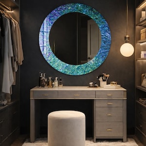 Luxury Blue Round Wall Mirror, Abstract Glass Frame Mirror Art, Modern Vanity Mirror Decor, Ocean Inspired Circle Mirror, Dressing Room