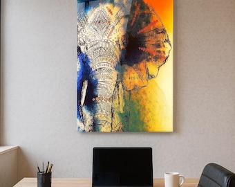Elephant Glass Wall Art, Colorful Boho Elephant Decor, Spiritual Tempered Glass Print, Office Wall Panel, Mandala Elephant Artwork