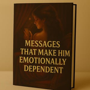 May include: A hardcover book titled "Messages That Make Him Emotionally Dependent." The cover features a woman holding a phone, with a dark brown background and gold lettering. The book is displayed on a light brown surface.