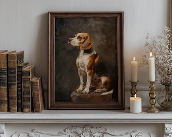 Puede incluir: Una pintura vintage enmarcada de un perro beagle sentado, con pelaje marrón, blanco y negro. La obra de arte se exhibe sobre una repisa blanca, junto a libros antiguos, velas encendidas y candelabros decorativos de latón.