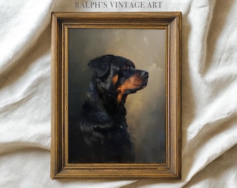 May include: A framed vintage portrait of a Rottweiler dog. The dog is depicted in profile, with black fur and tan markings. The artwork is set in a gold-toned wooden frame, with the text "RALPH'S VINTAGE ART" at the top.