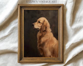 Puede incluir: Un retrato vintage enmarcado de un perro Golden Retriever. El perro se muestra de perfil, con un pelaje suave de color marrón dorado y un fondo oscuro. El marco es de color oro antiguo cálido, y el texto "RALPH'S VINTAGE ART" está en la parte superior.